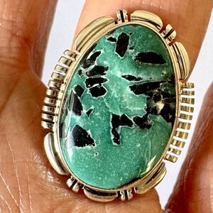 Navajo Turquoise Ring Sz 7 Sterling Norvin Johnson  Shine Fluted Setting Native